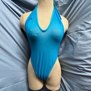 Blue Halter Neck Mesh One-Piece